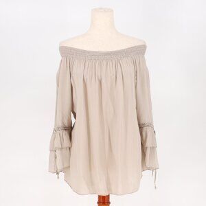 NWT TEMPO PARIS Smocked Tunic Viscose Silk Off-the-Shoulder Beige Brown Size S